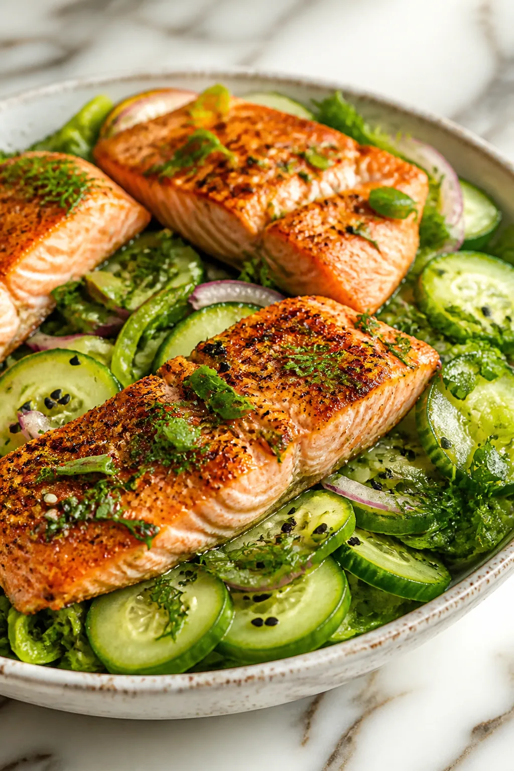Fresh and Crispy Air-Fried Salmon Salad with Cool Cucumbers