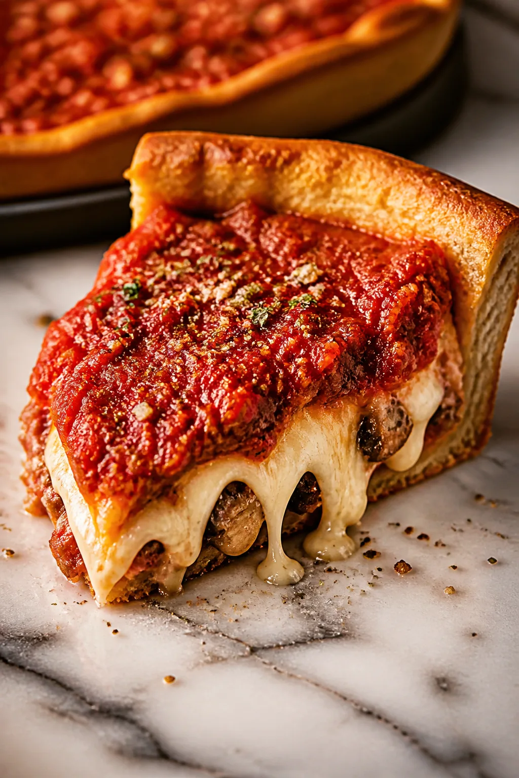 Classic Chicago-Style Deep Dish Pizza with Buttery Crust and Chunky Sauce
